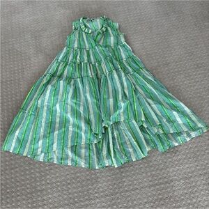Today Only ! Asymmetrical Embroidered Green Striped Sleeveless Dress